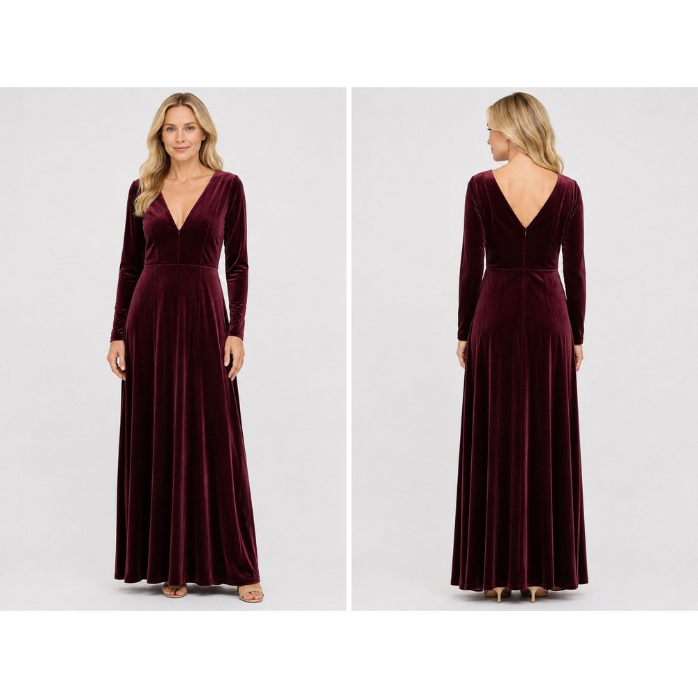 Burgundy Velvet Maxi‎ Dress Sz 12 BurgundyFormal Wedding Holiday Gala High Slit